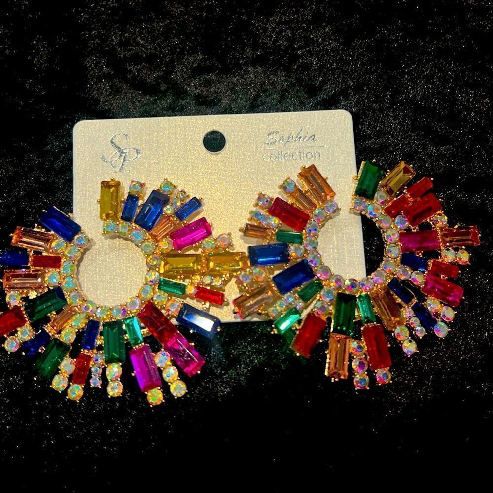 NWT Brilliant Multicolored Rhinestone Pierced Pinwheel Earrings Stunning